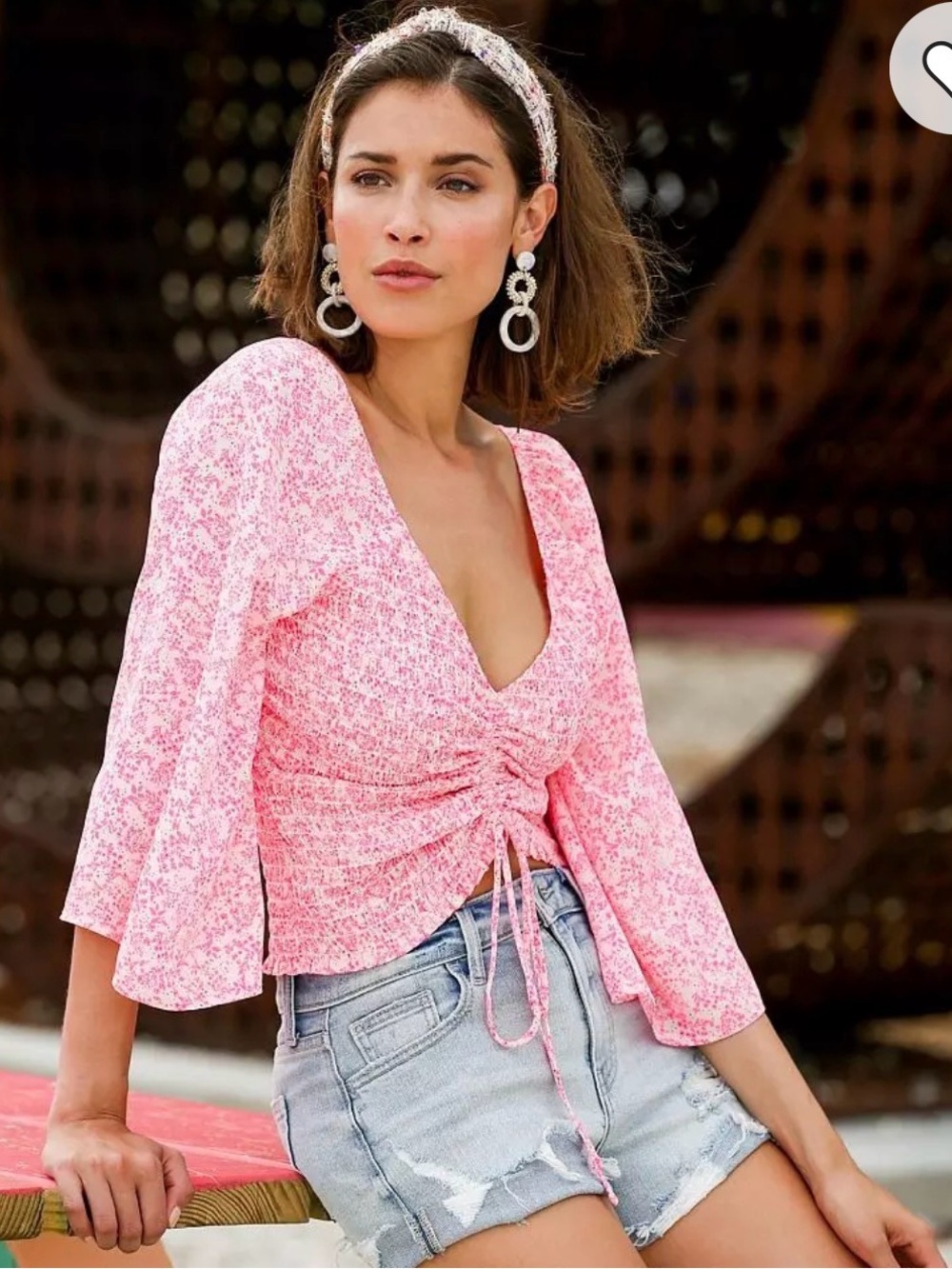 Women's Pink Smocked Tie-Front Blouse with Balloon Sleeves ptp 14-17